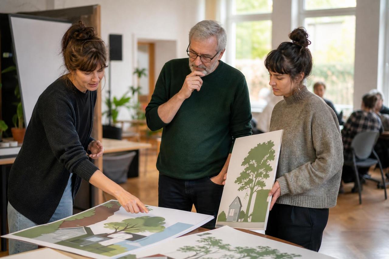 Ein Verbandsteam bespricht Plakatentwürfe mit Baum- und Wohnhaussymbolen in einem Besprechungsraum.