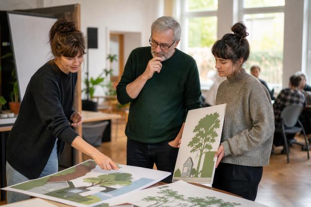 Ein Verbandsteam bespricht Plakatentwürfe mit Baum- und Wohnhaussymbolen in einem Besprechungsraum.
