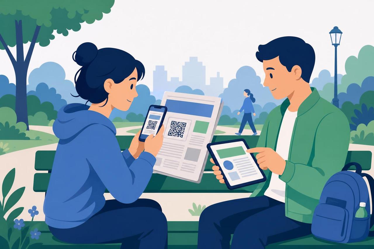 Illustration: Zwei Ehrenamtliche testen auf einer Parkbank den Zugang zur Transparenzbekanntmachung einer Zeitungsanzeige.