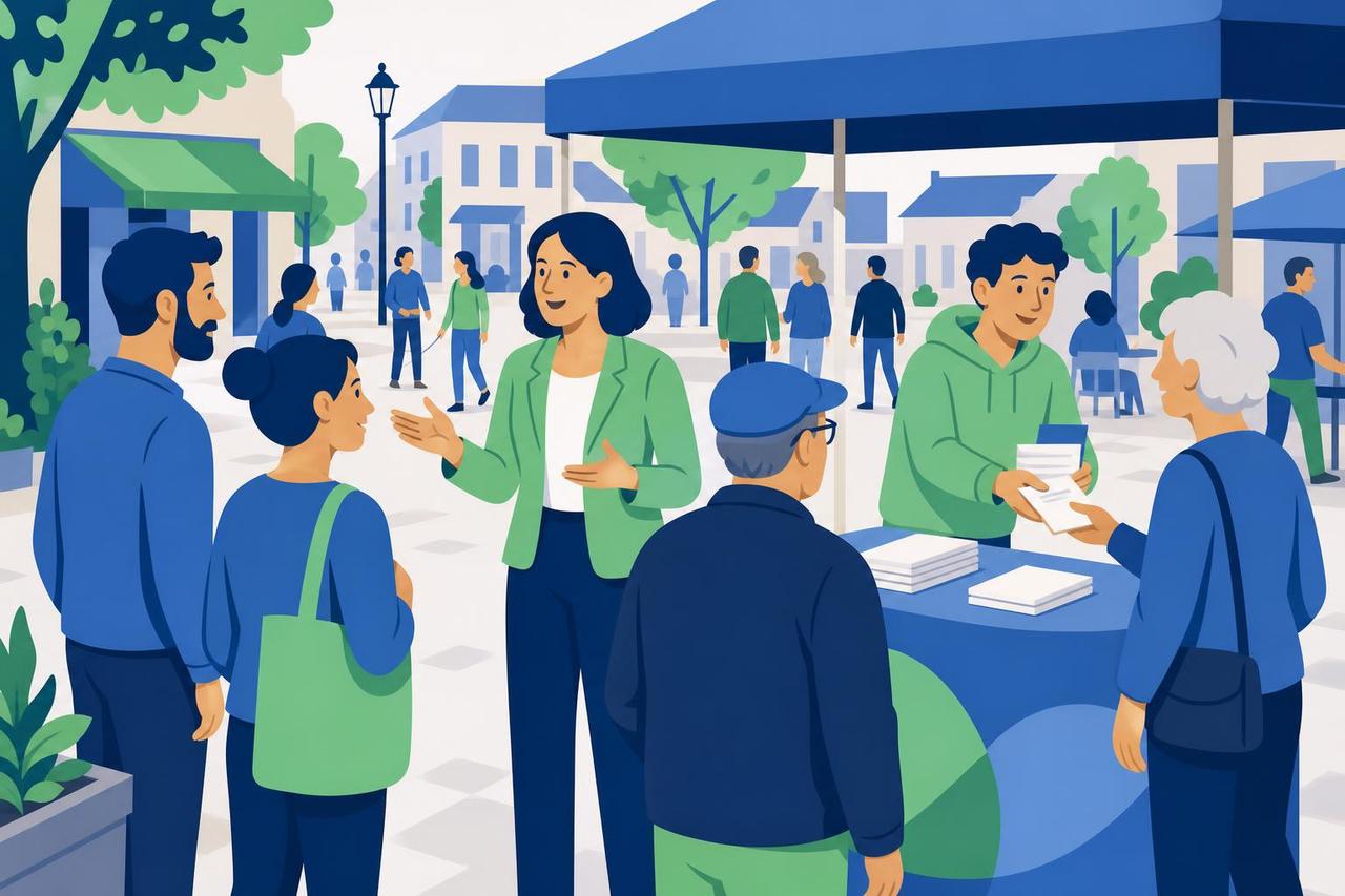 Illustration: Eine Bürgermeisterkandidatin spricht am Infostand mit Anwohnern, während ein Helfer Flyer verteilt.