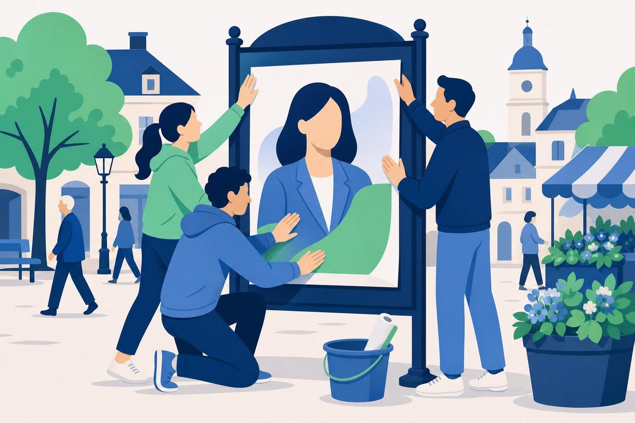 Illustration: Eine kommunale Kandidatin befestigt mit zwei Ehrenamtlichen ein Wahlplakat auf einem Marktplatz.
