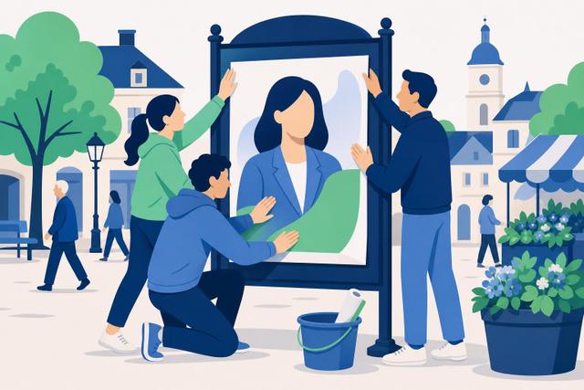 Illustration: Eine kommunale Kandidatin befestigt mit zwei Ehrenamtlichen ein Wahlplakat auf einem Marktplatz.