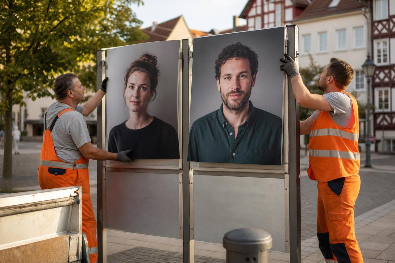 Zwei Gemeindemitarbeiter befestigen gleich große Kandidatenporträts an einem öffentlichen Plakatständer.