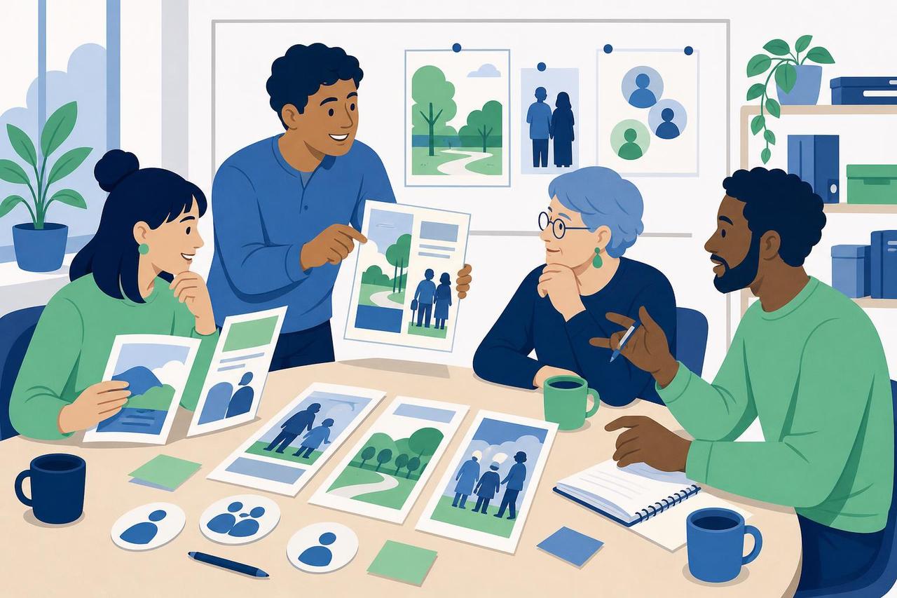 Illustration: Ein Kommunikationsteam bespricht verschiedene Flyerentwürfe an einem Besprechungstisch.