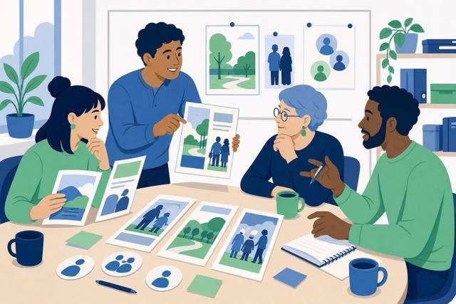 Illustration: Ein Kommunikationsteam bespricht verschiedene Flyerentwürfe an einem Besprechungstisch.
