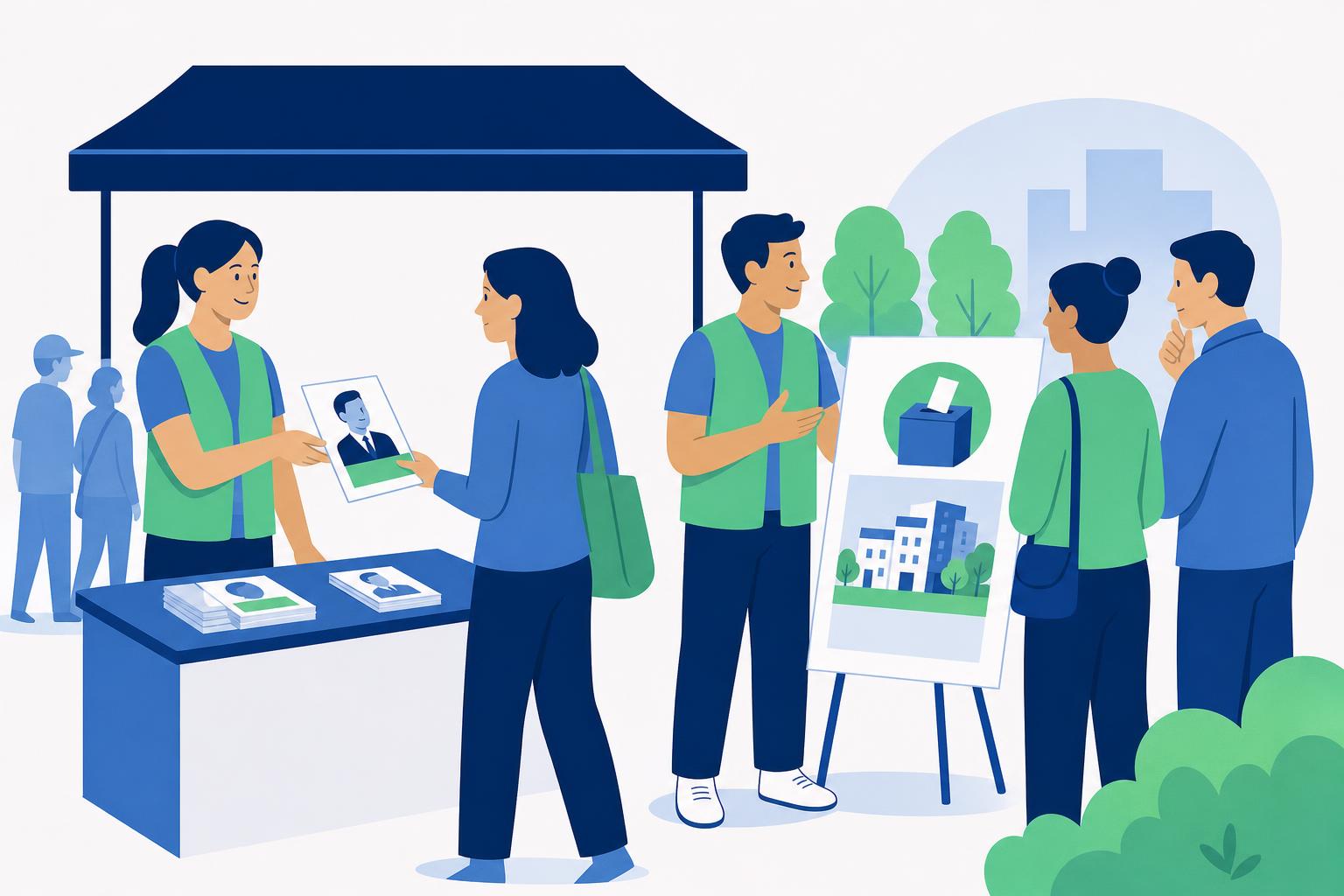 Illustration: An einem Infostand verteilen Helfer Kandidatenflyer und besprechen ein Plakat mit Wahlurne und Bauprojekt.