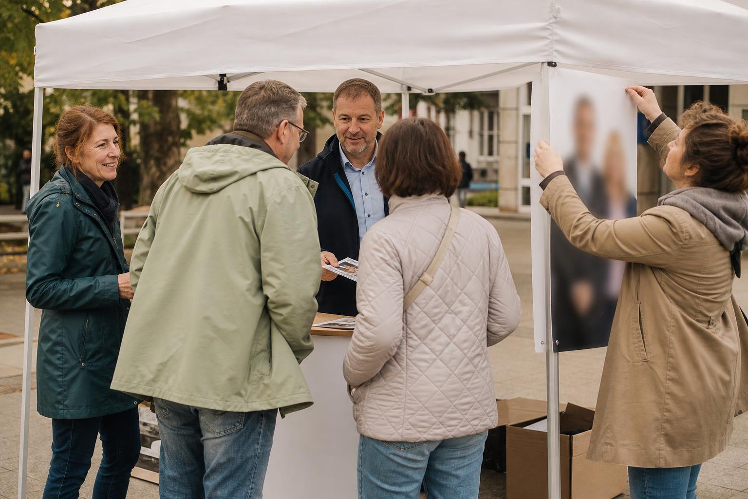 Eine Kandidatin und Vereinsaktive besprechen am Kampagnenstand einen Flyer mit zwei Bürgern.