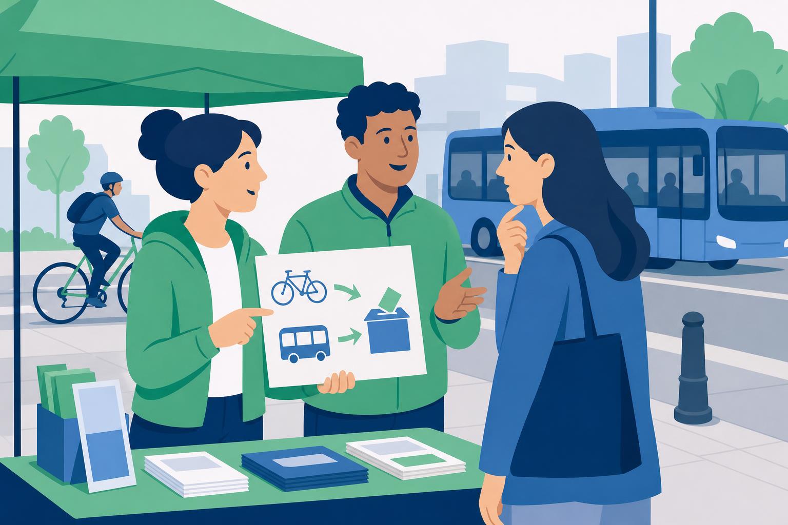 Illustration: Zwei Personen am Infostand besprechen mit einem Passanten einen Flyer mit Fahrrad-, Bus- und Wahlurnensymbol.