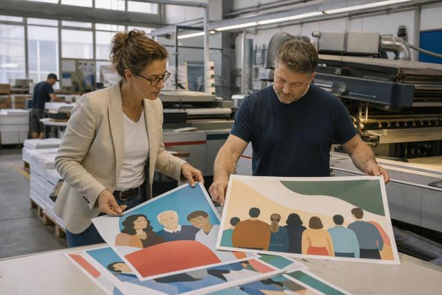 Zwei Personen vergleichen in einer Druckerei ein Wahlplakat mit einem Flyer zu einem gesellschaftlichen Anliegen.