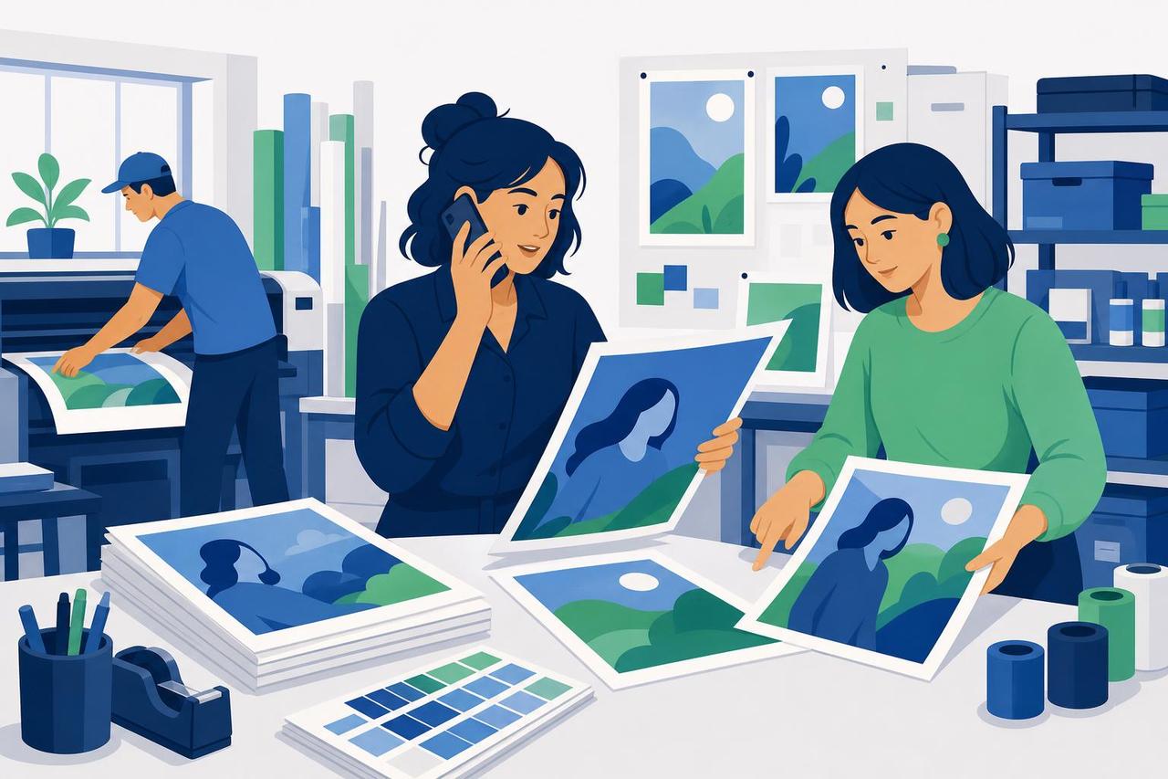 Illustration: Eine Wahlkampfkoordinatorin prüft beim Telefonieren einen Anzeigenentwurf, ihr Kollege vergleicht eine zweite Fassung.